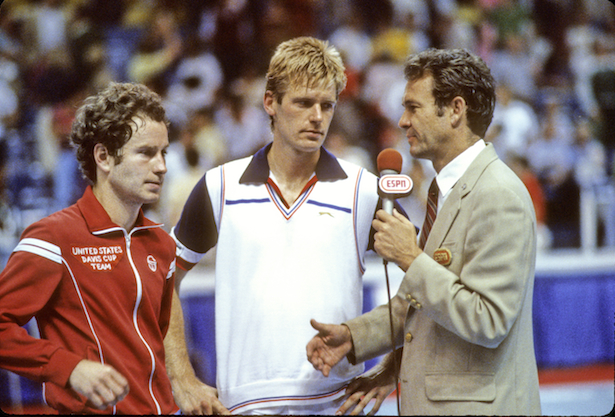 (name ?) is shown interviewing (name ?) at the completion of a tennis match.